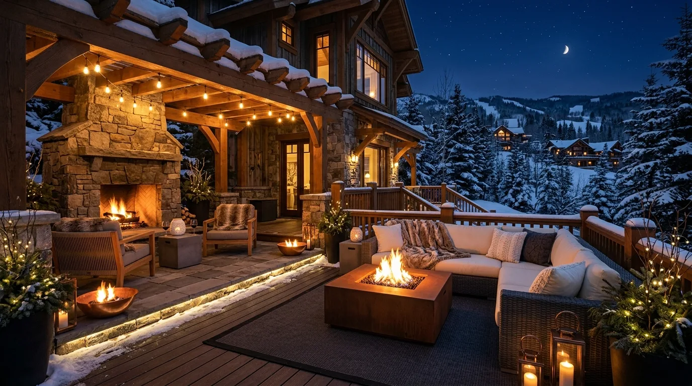 Bring in seasonal accents only where they support the mood inspiration for an outdoor winter patio.